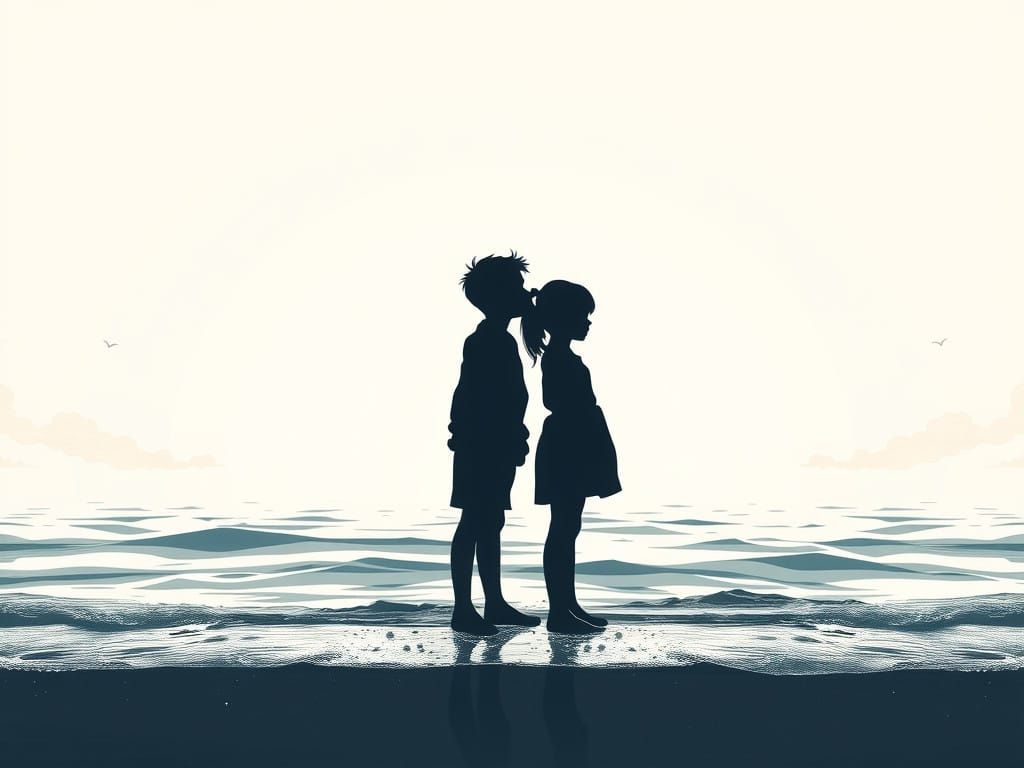 Twin Siblings at Ocean's Edge in Dreamy, Atmospheric Style