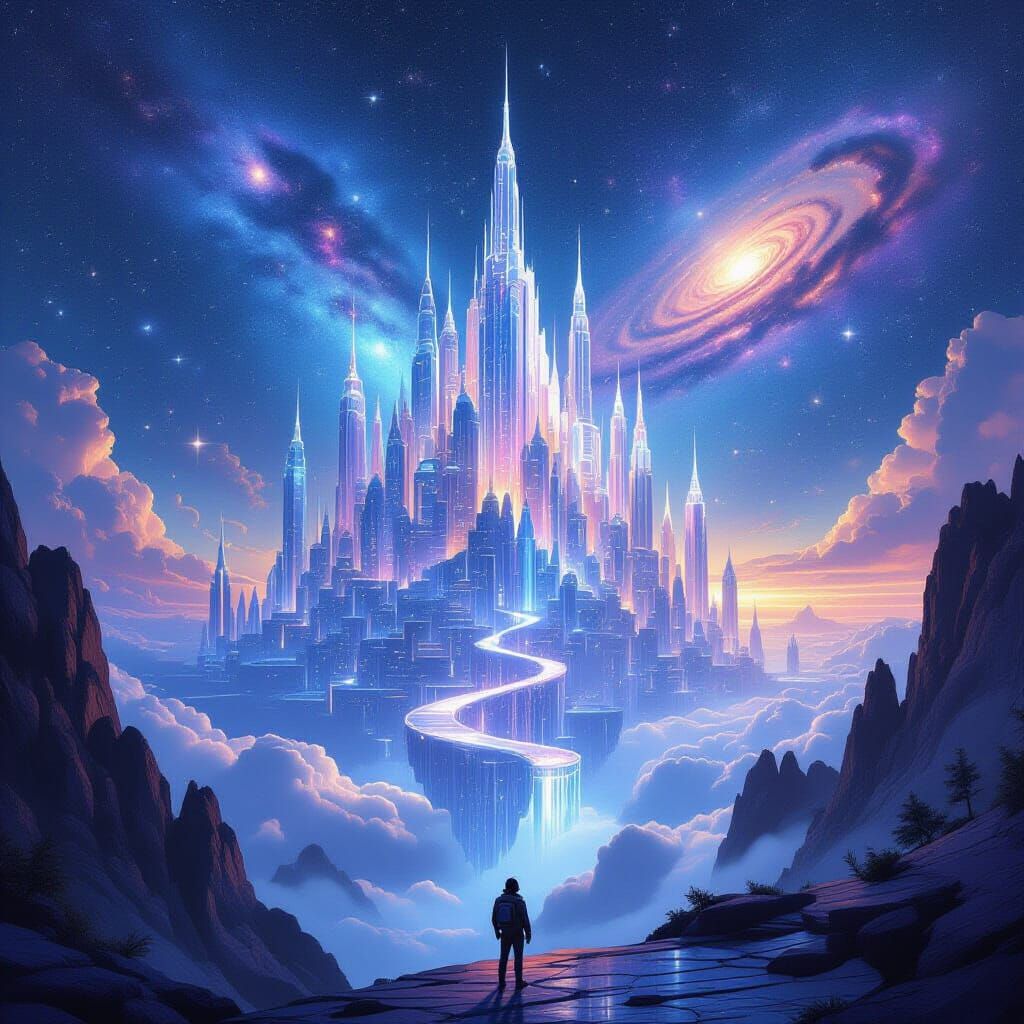 Crystalline City Floating in Starry Sky