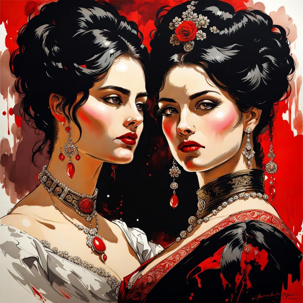 Victorian Era Spanish Women: Ink Splash Art