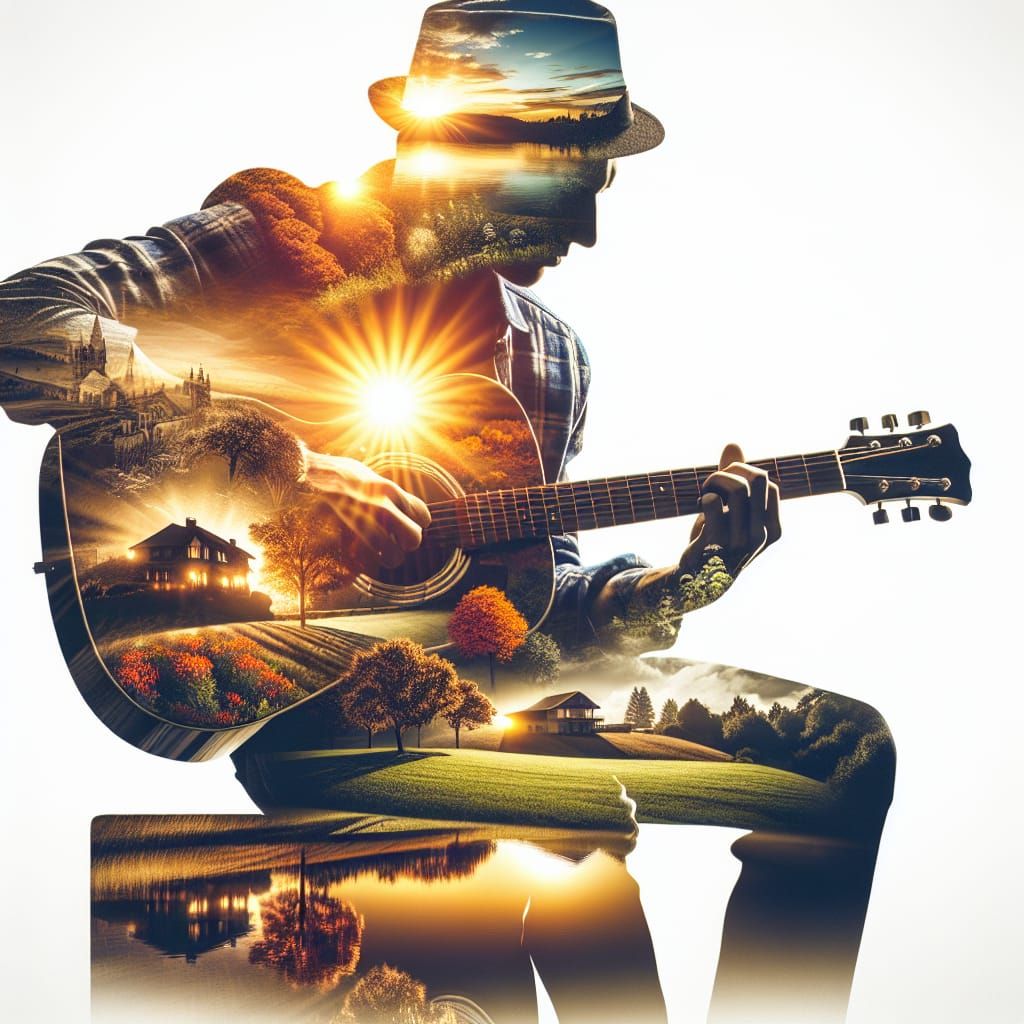 "double exposure acoustic guitar played by the silhouette of...