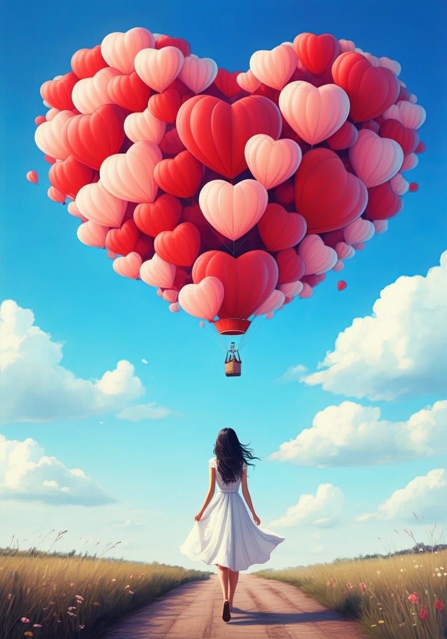 Whimsical Woman Walks Away from Heart-Shaped Balloons in Vib...