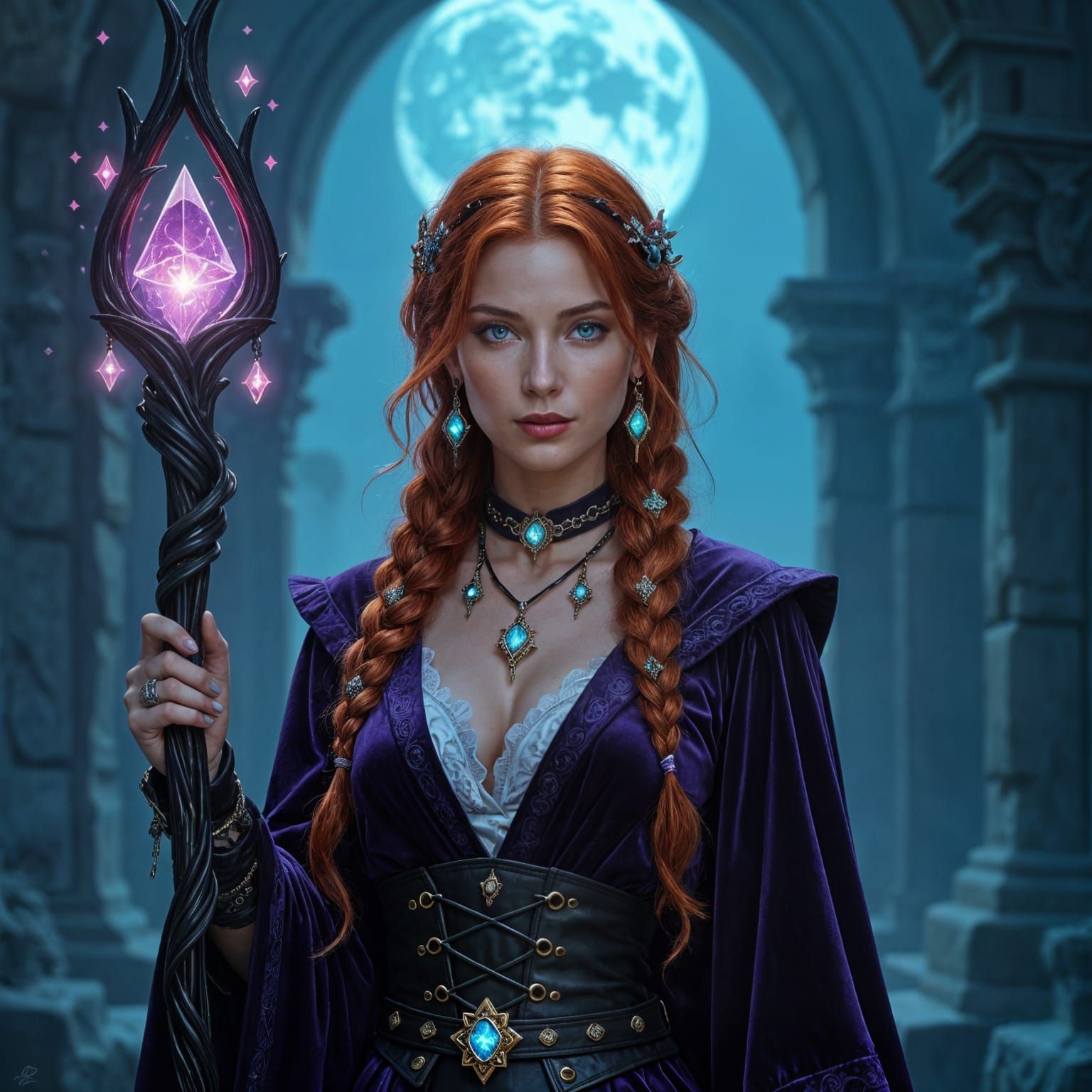 Confident Witch with Fiery Hair Holds Magic Staff in Temple ...