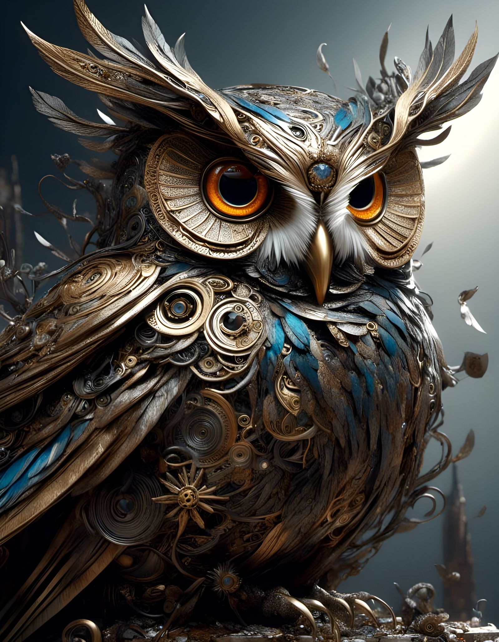 Metallic Owl in Junkyard: Ultra HD Digital Art