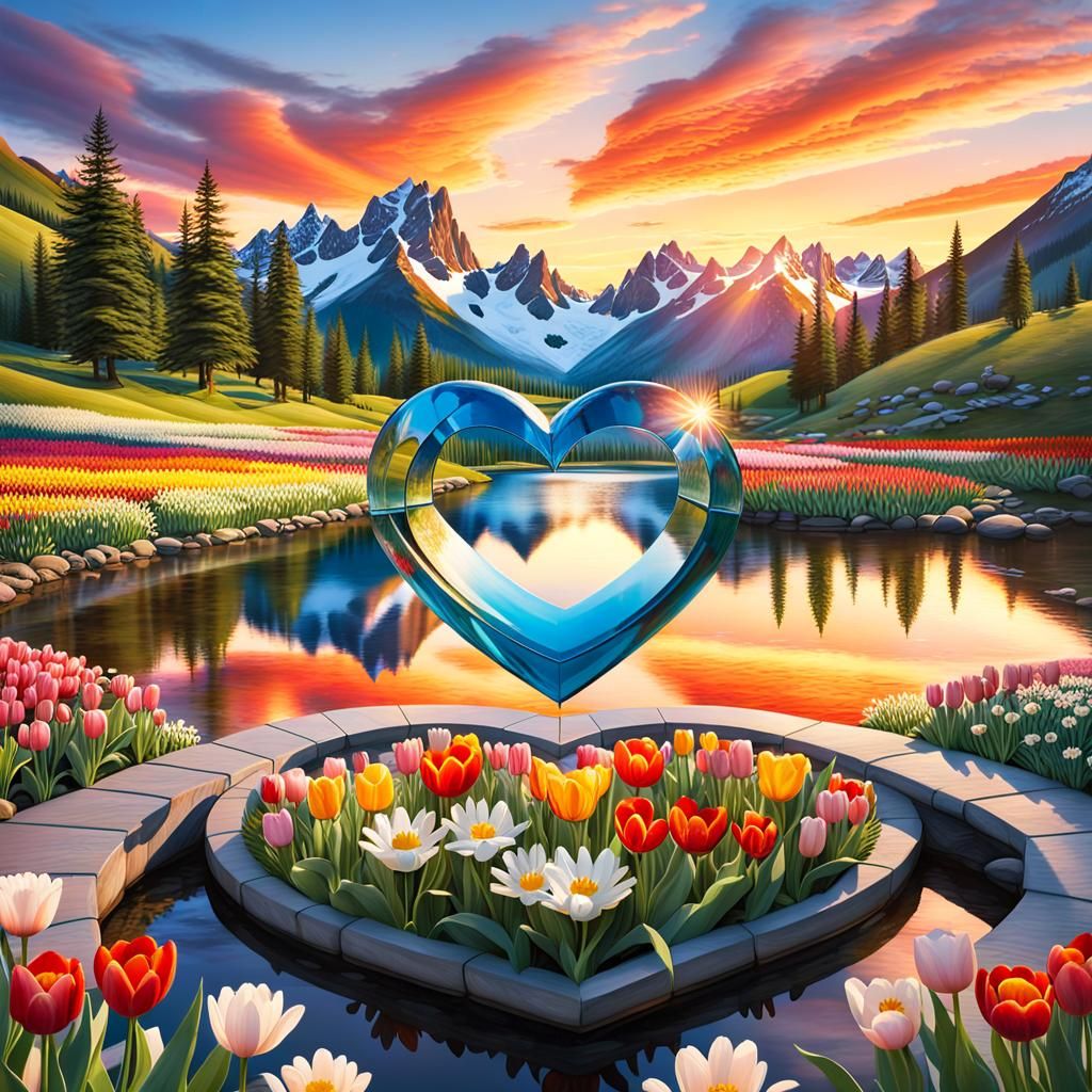 Heart-Shaped Glass Framing a Spring Landscape