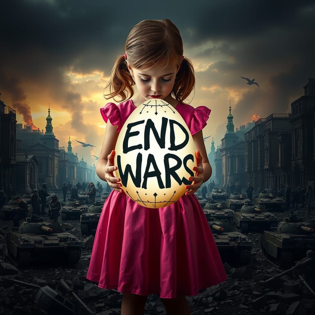 A Young Girl Holds Hope in a War-Torn Cityscape in a Surreal...