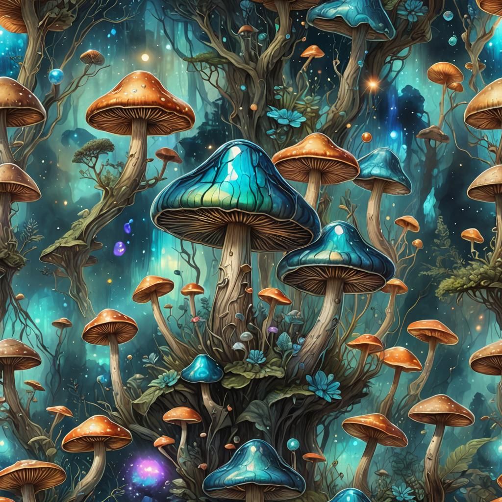 Astral Labradorite Mushroom, Mixed Media Illustration