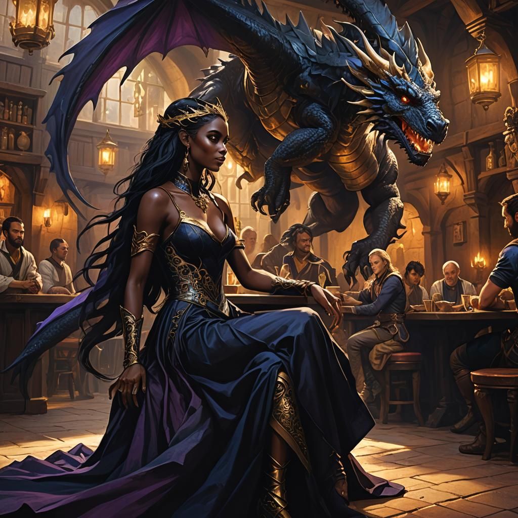 Dark Elf Seduces Dragon in Renaissance Tavern