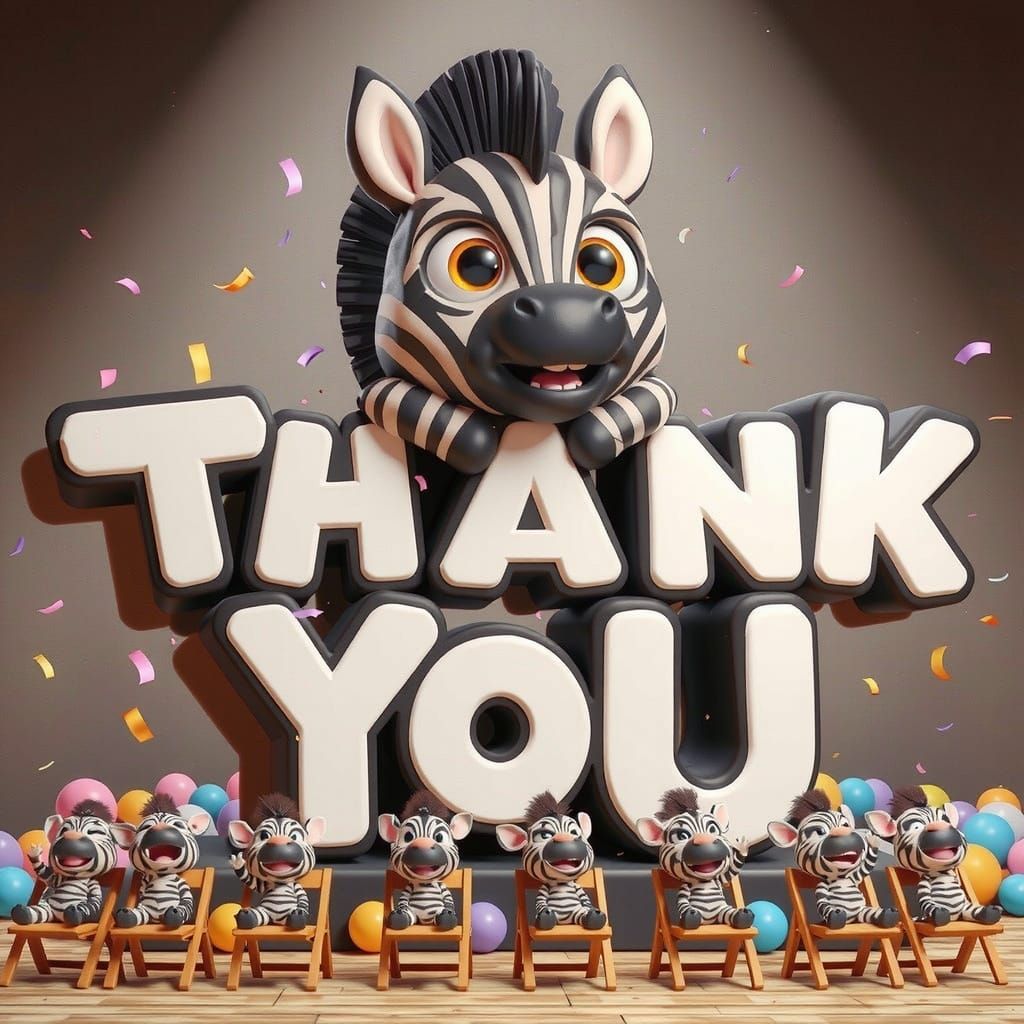 In a dimly lit room filled with colorful balloons and confetti falling from above, large 3D zebra-striped text "THANK YO...