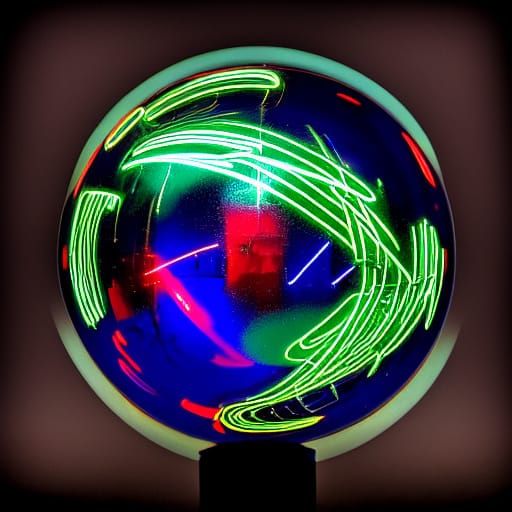 Surreal Chrome Ball and Iron Sculpture in Neon Noir