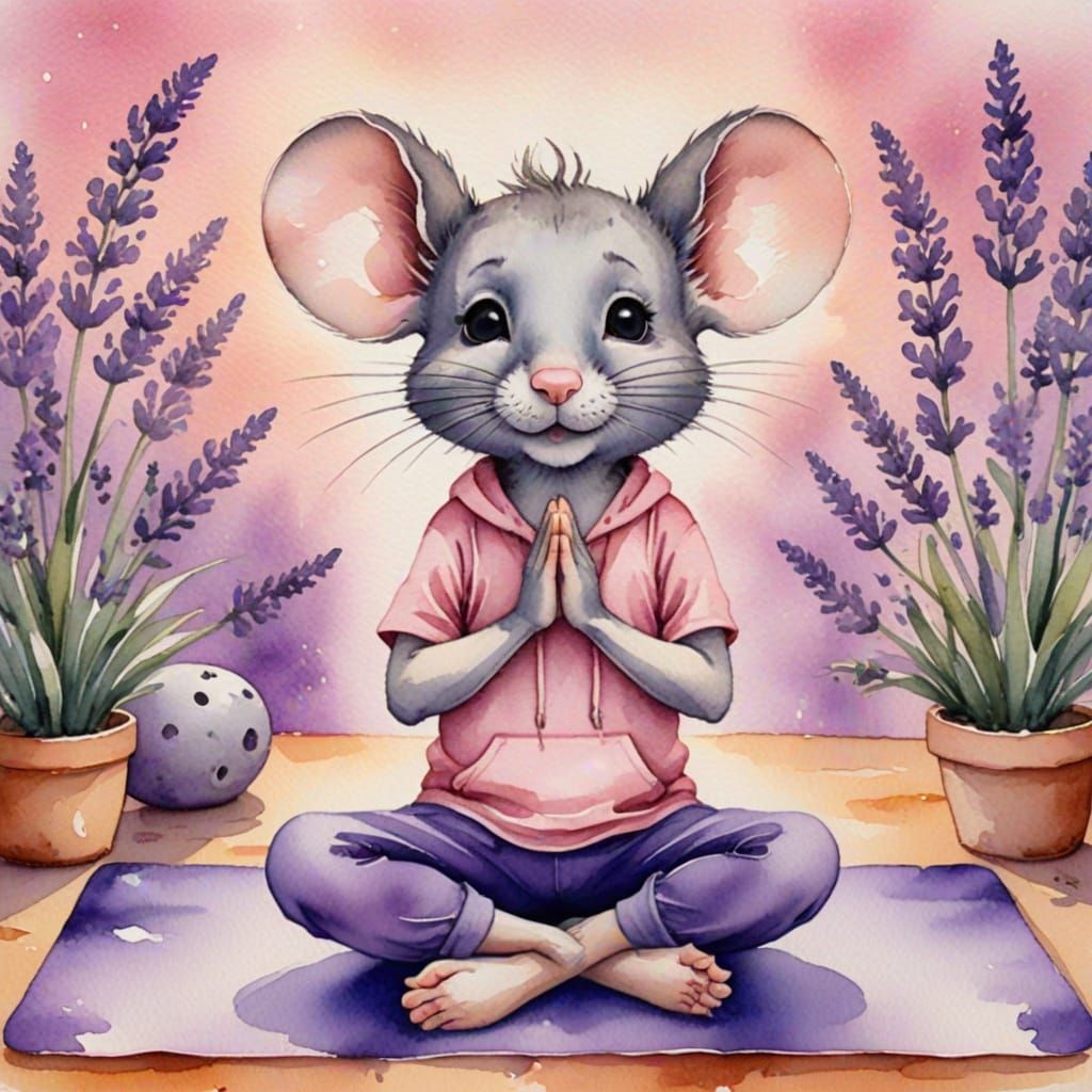 Mouse Meditating in Watercolor Yoga Illustration