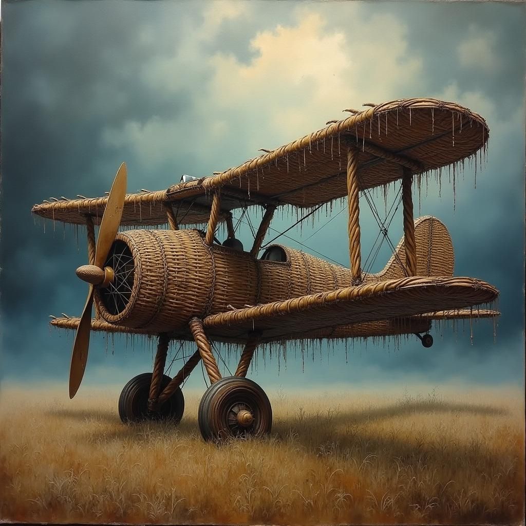 Wicker Biplane in Stormy Landscape, Romanticism Style