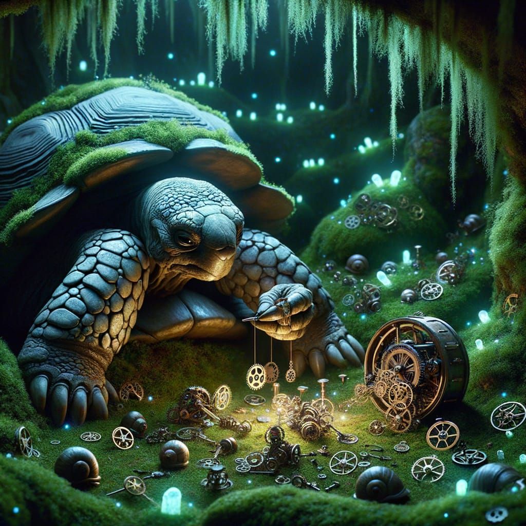 Wise Tortoise Assembling Clockwork in Bioluminescent Grotto