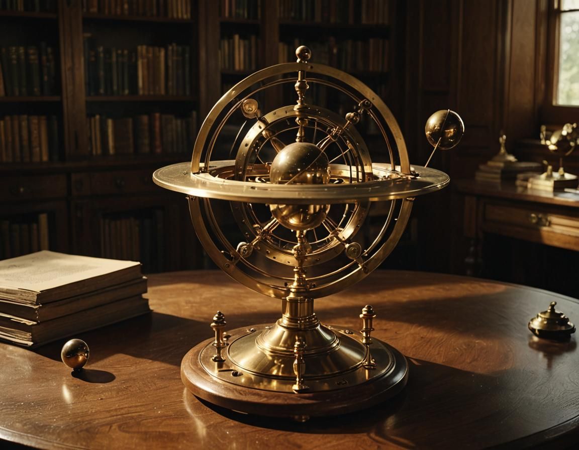 Ornate Brass Orrery in Wood-Paneled Study