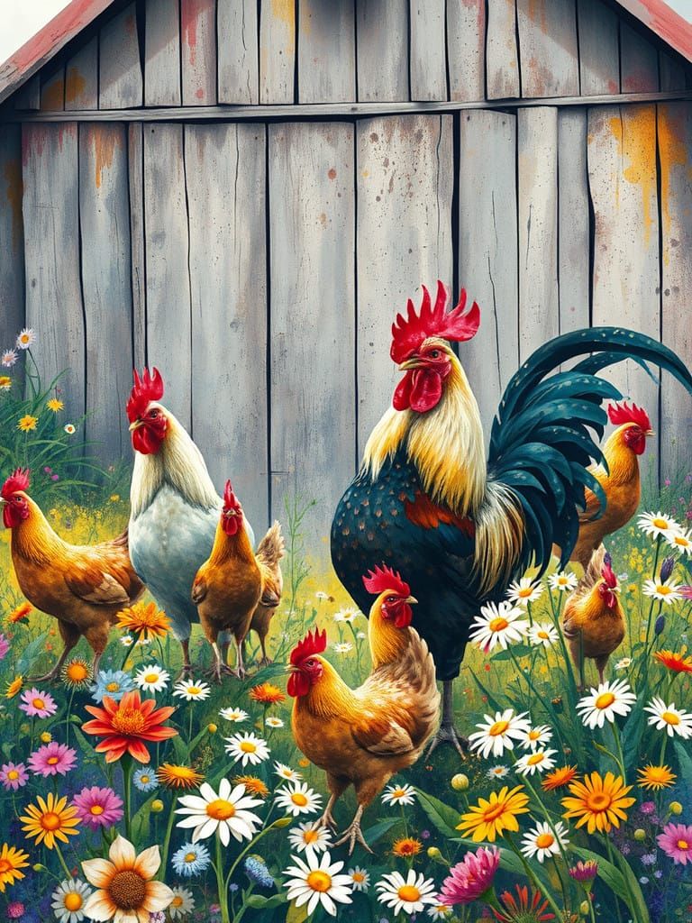 Whimsical Rooster and Chickens in a Wildflower Landscape wit...