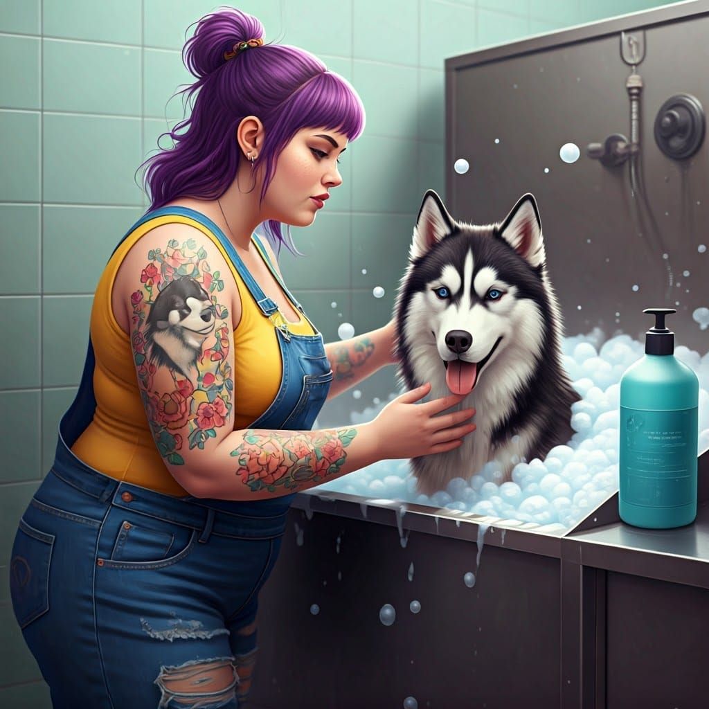Dog Groomer Washing Husky, Anime-Inspired Digital Art