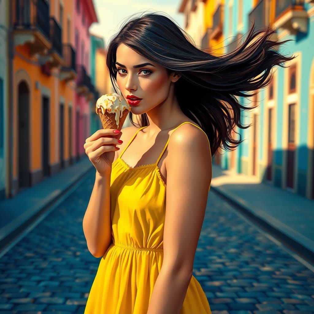 Woman Enjoys Ice Cream on Cobblestone Street in Golden Hour ...