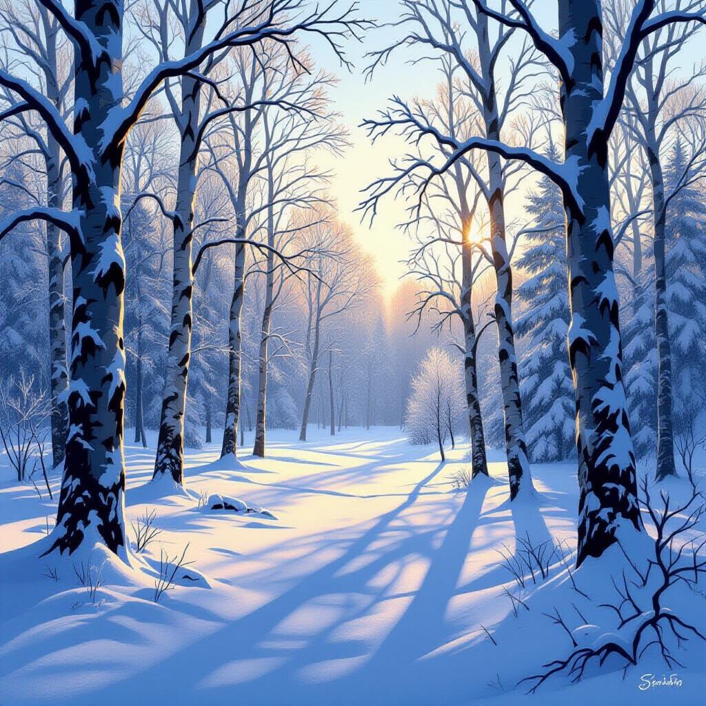 Serene Winter Forest with Frosted Branches and Gentle Sunlig...