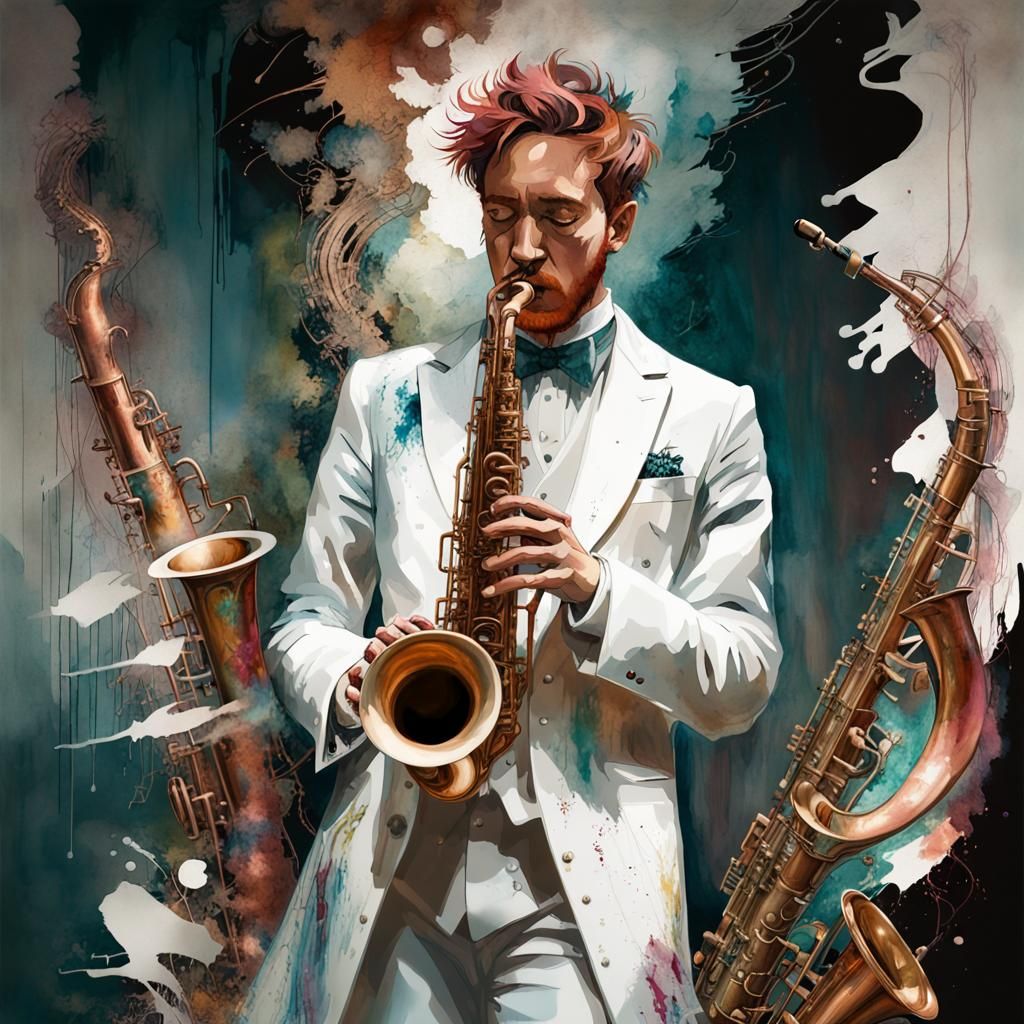 Musician Plays Saxophone in Digital Watercolor Style