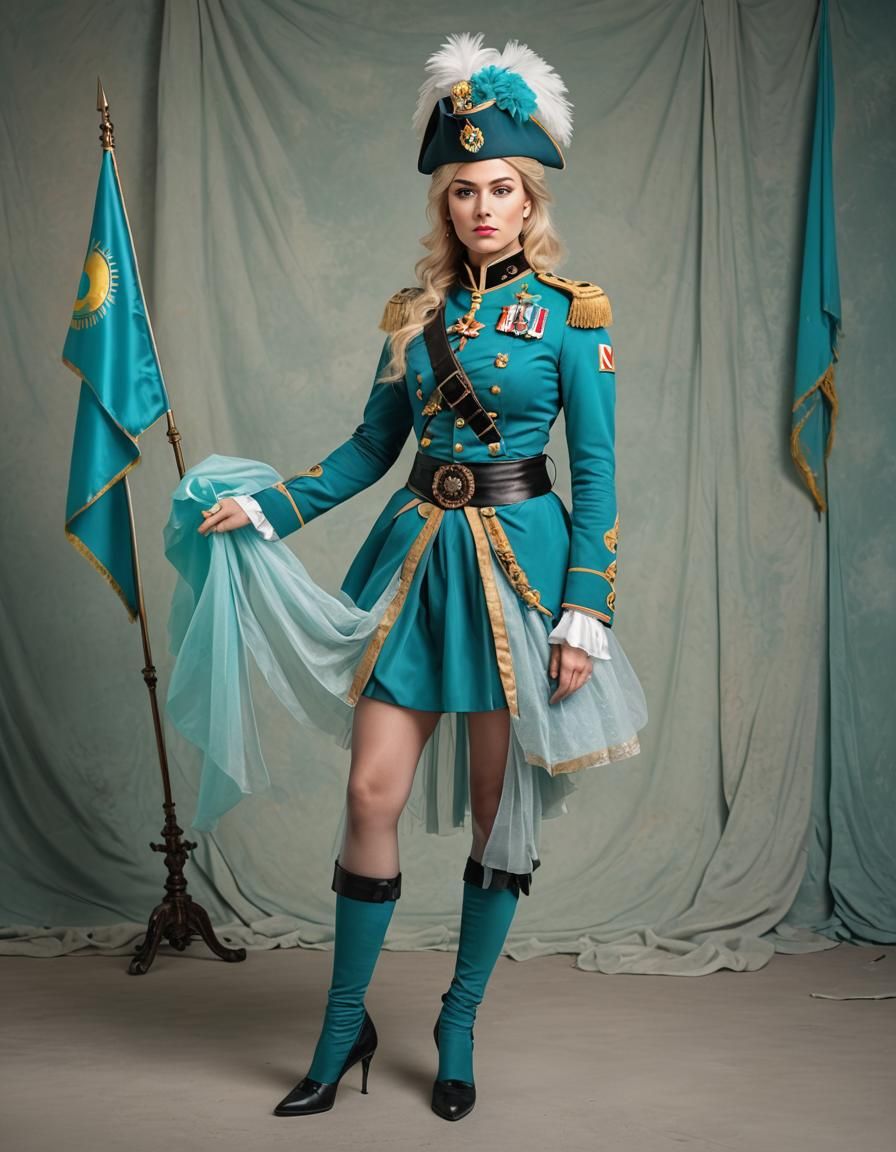 Woman in Turquoise Military Outfit with Tulle Skirt