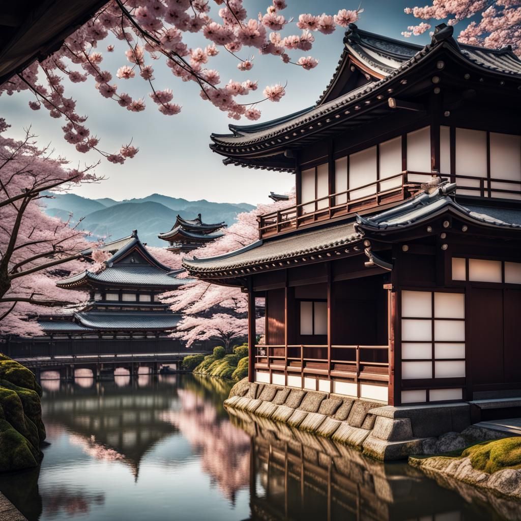 Vintage Japanese Landscape with Cherry Blossoms