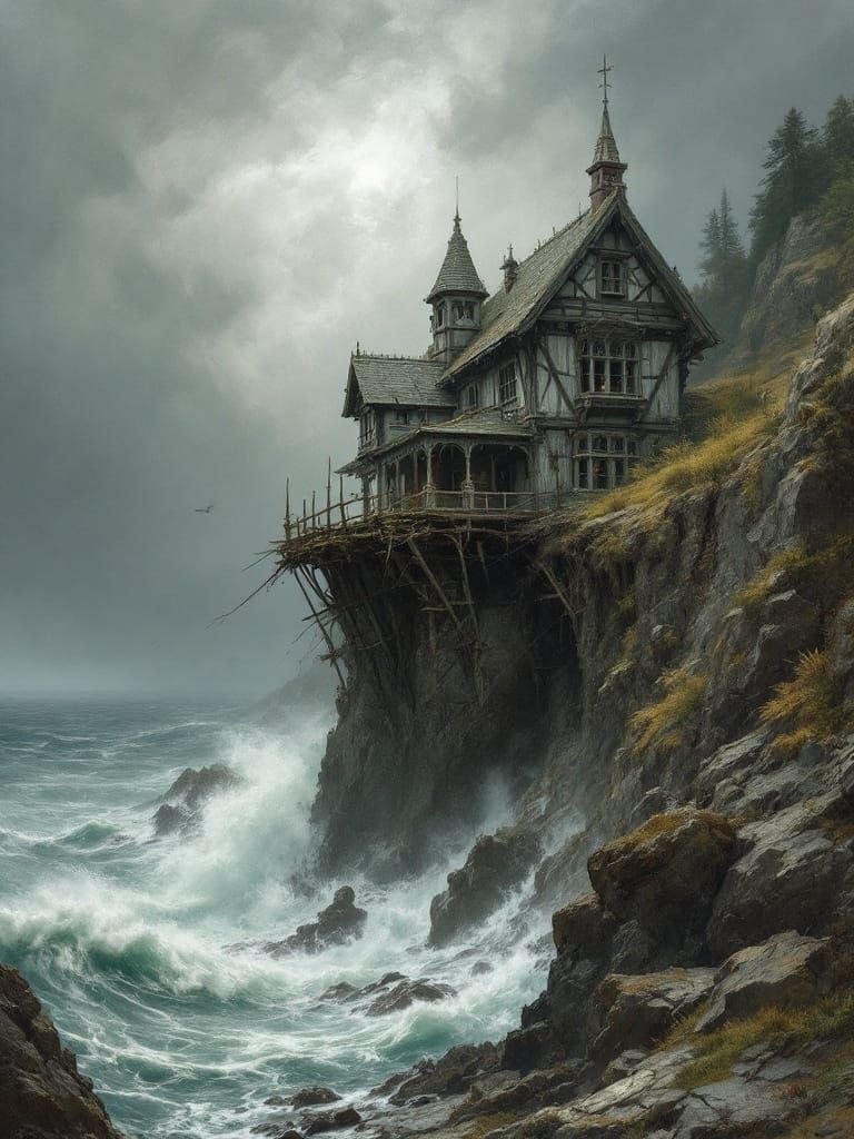 Weathered Gothic Mansion Teeters on Rocky Cliff Edge