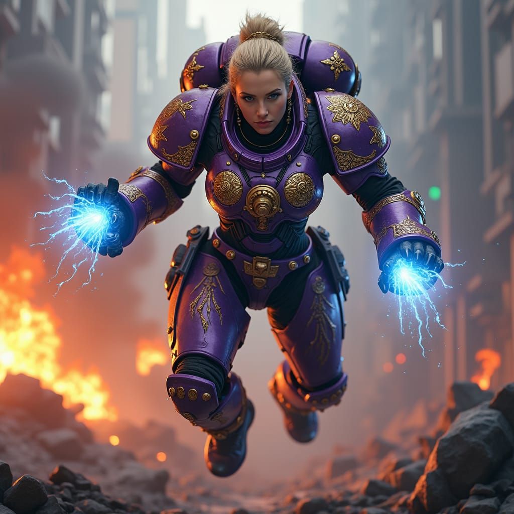 Female Space Marine Soaring Over Battlefield