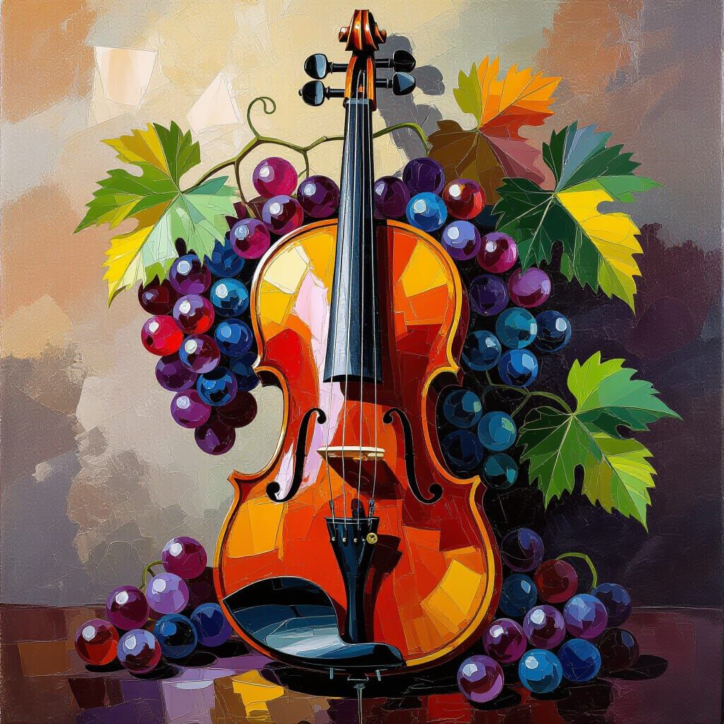 Photorealistic Violin and Grapes Still Life