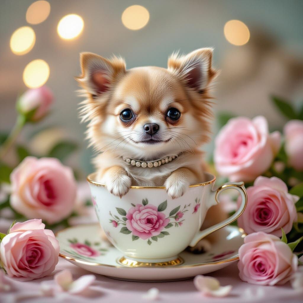 Chihuahua in Teacup with Roses, Dreamy Digital Art