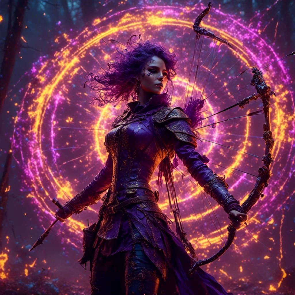 Fantasy Archer Strikes Skull Target in Art Nouveau Style