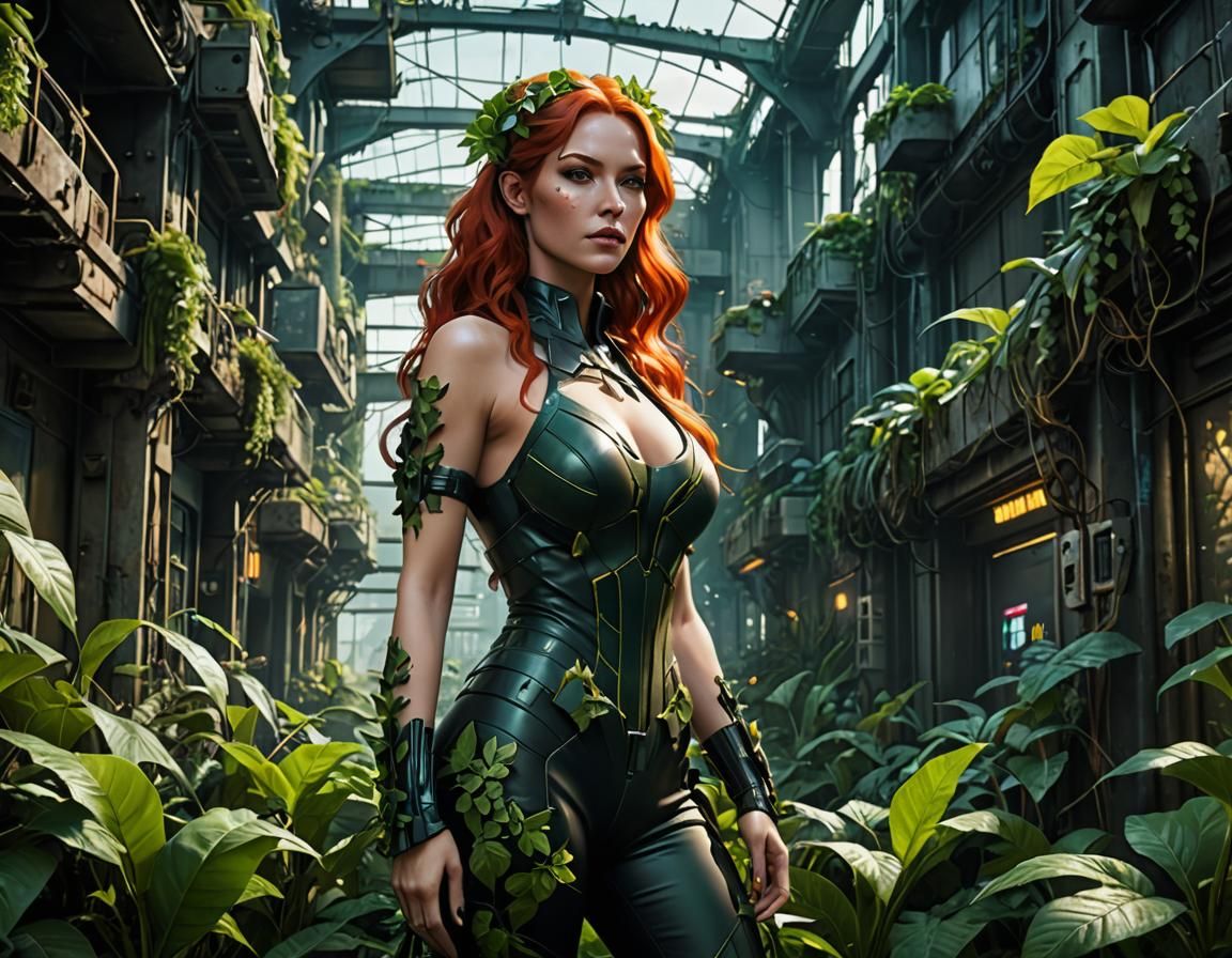 Cyberpunk Poison Ivy in Technorganic Cityscape