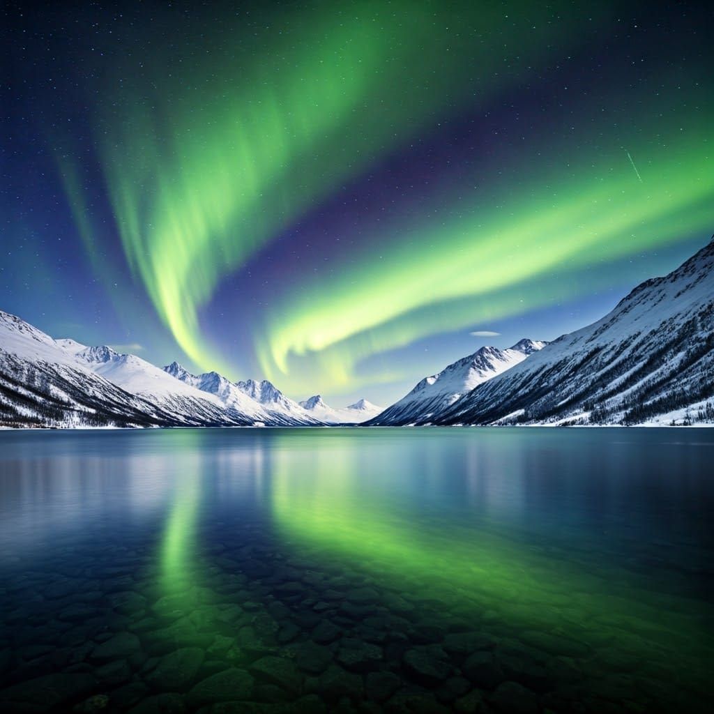 Majestic Northern Lights Display Over Mountain Lake