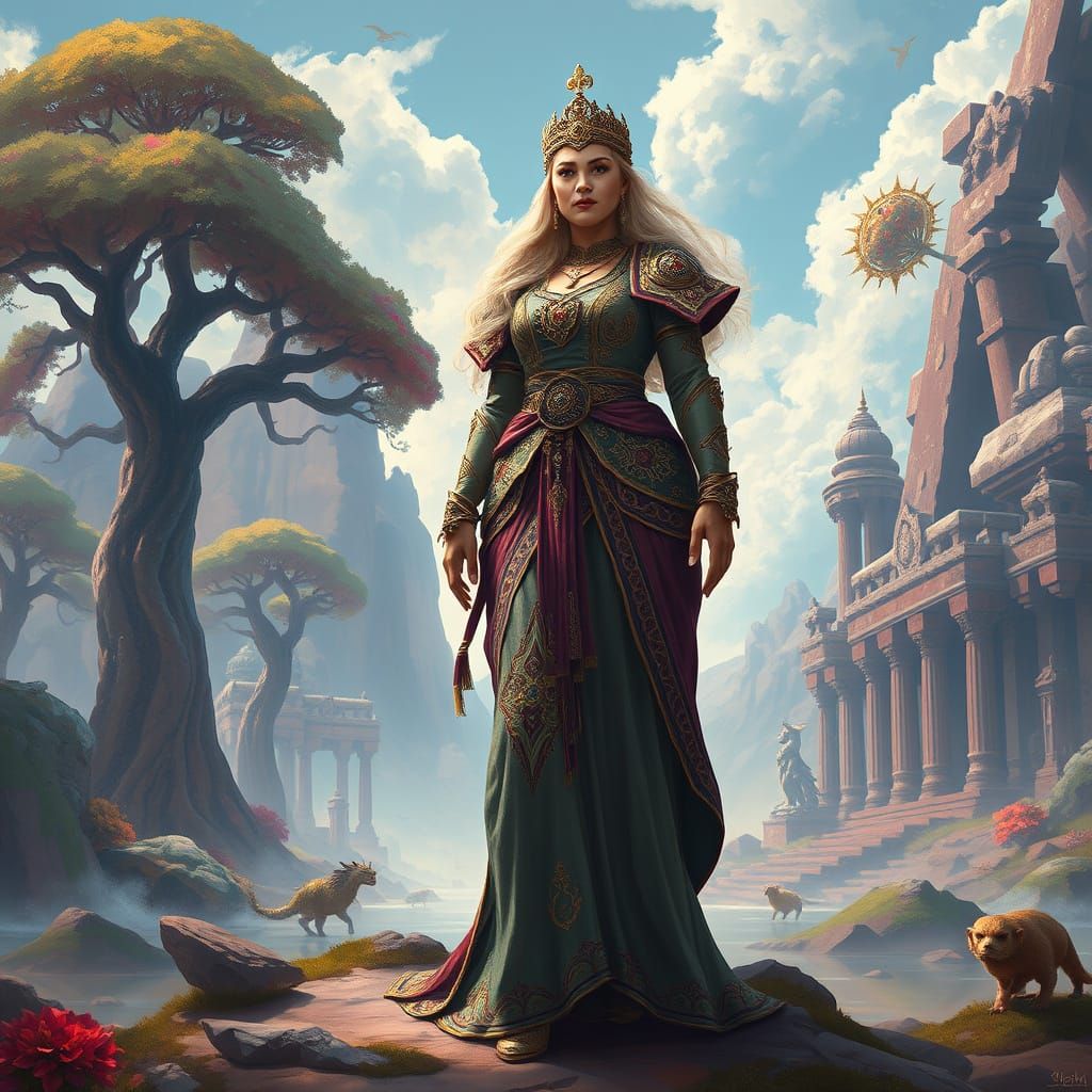Majestic Plus-Size Fantasy Goddess in Whimsical Landscape