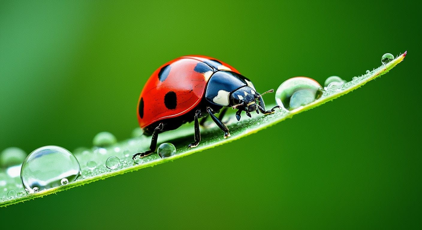 Comic Book Ladybug Crawls on Dewy Leaf