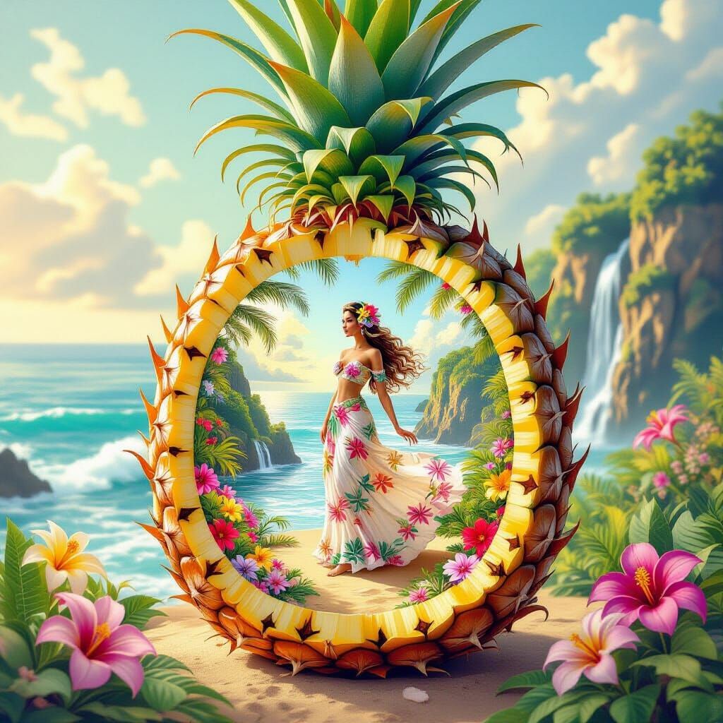 Hawaiian Goddess Inside Pineapple: Dreamy 3D Scene