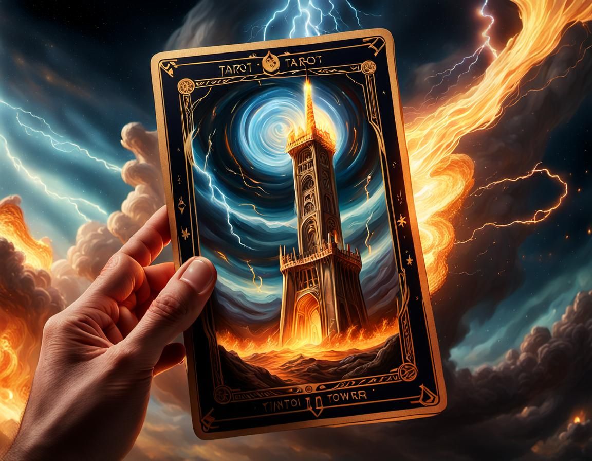 The Tower Tarot Card in Flames and Lightning