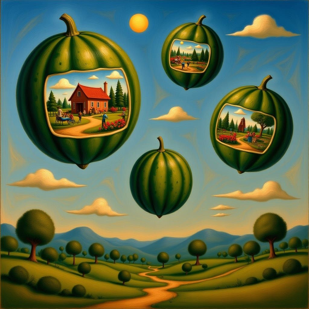 Imagine a surreal landscape where giant watermelons float through the air, each one containing a miniature world within....