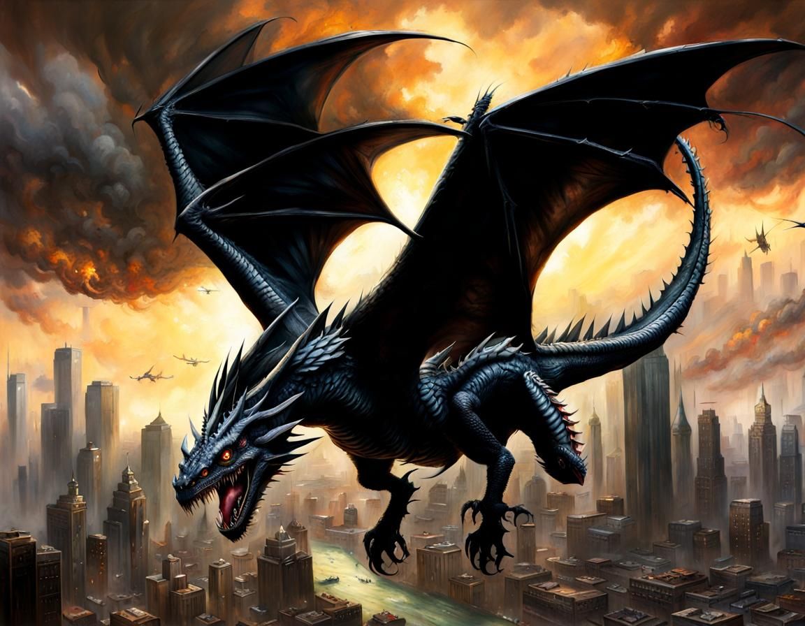 Black Wyvern in Flight: Realistic Fantasy Art