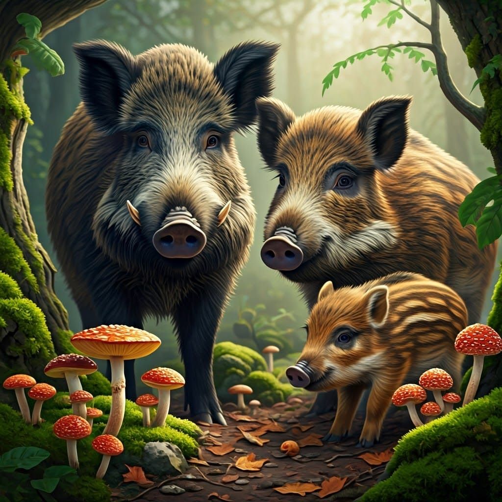 Wild Boar Family's Joyful Feast in a Lush Forest