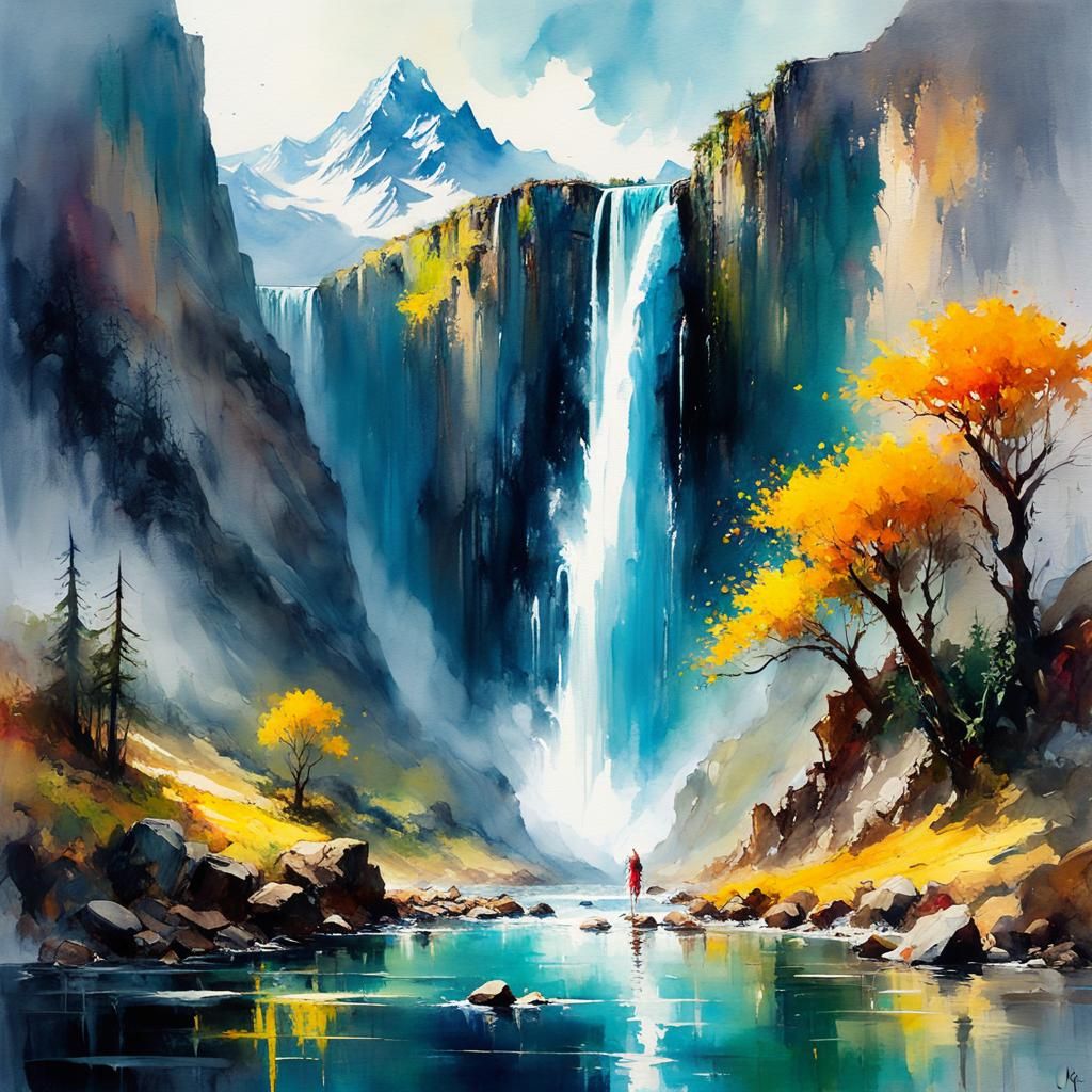 Epic Waterfall Fantasy Watercolor Illustration
