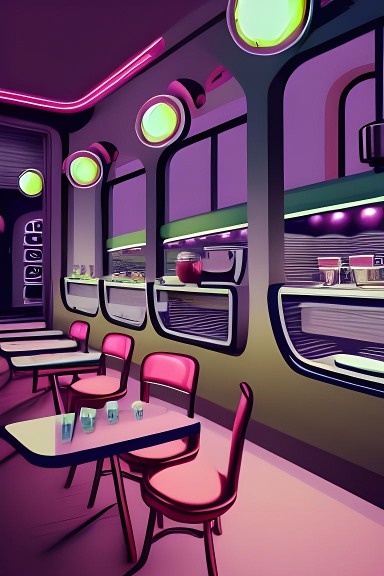 Retrofuturistic Cafe Interior with Robot Waitress