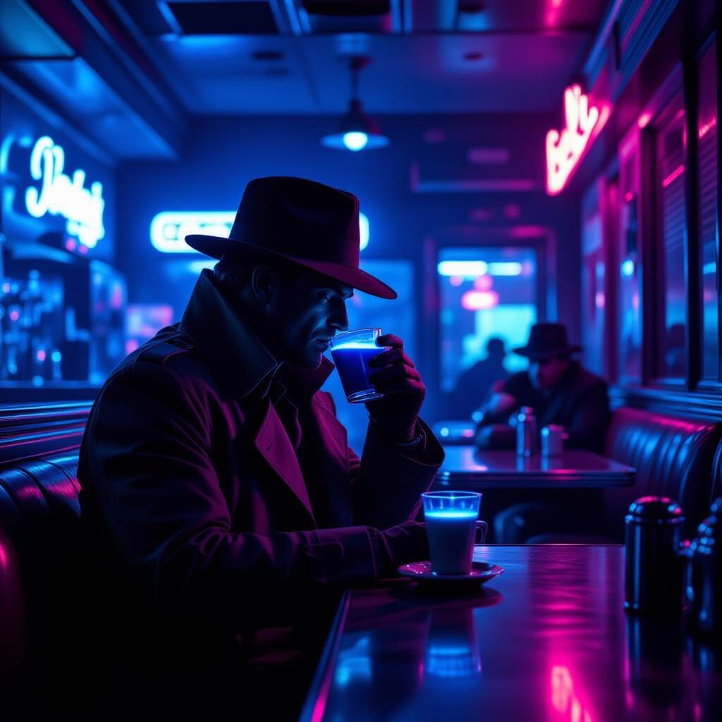 Retro-Futuristic Diner Noir with Shadowy Figure