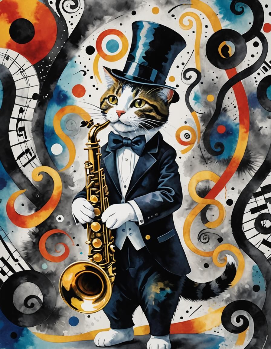 Surreal Jazz Cat Plays Saxophone: Expressionist Watercolor