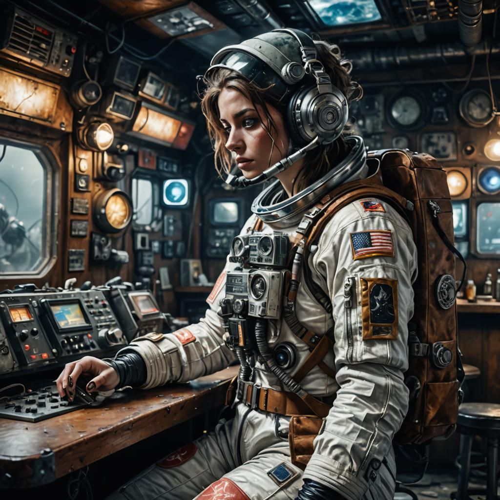 Girl Cosmonaut in Shabby Spacesuit, Mixed Media