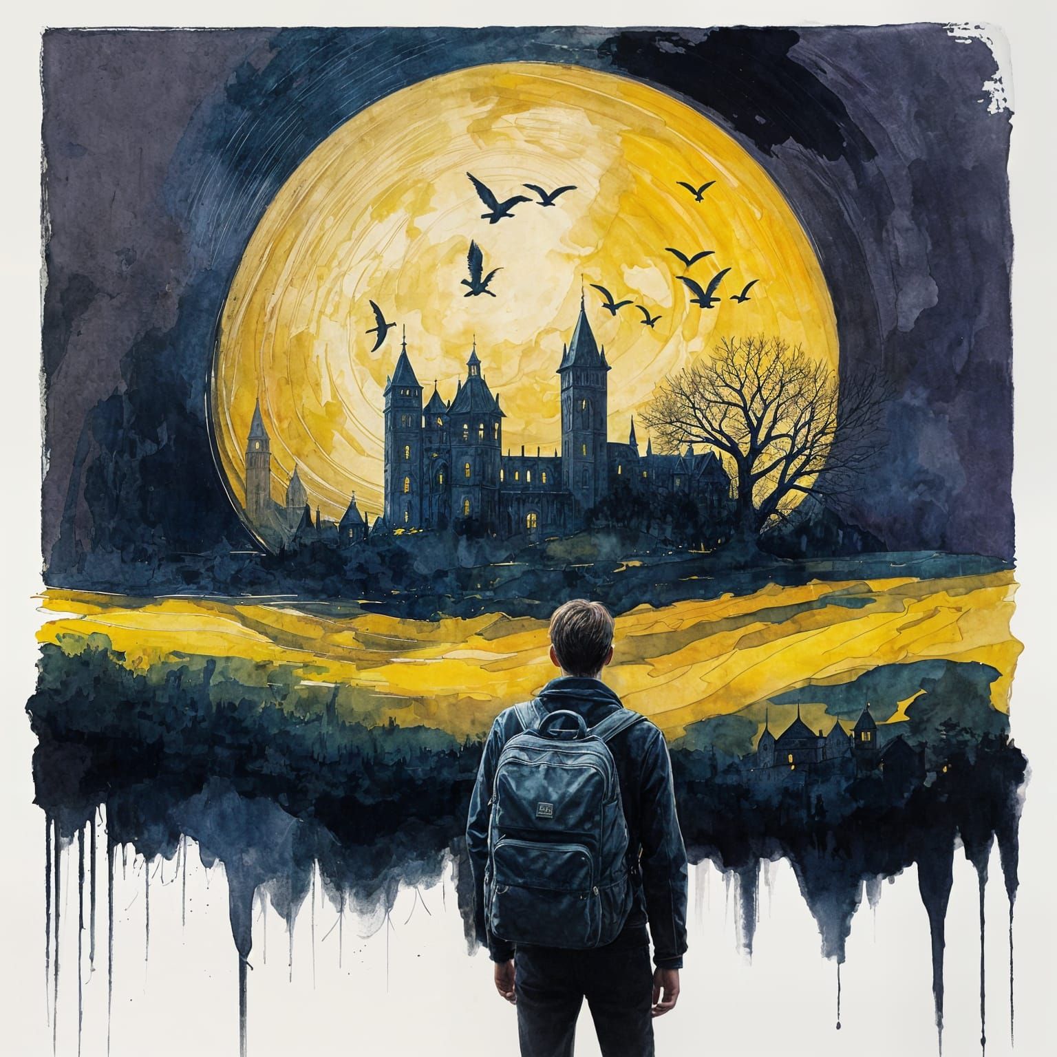 Surreal Double Exposure Landscape with Castle and House