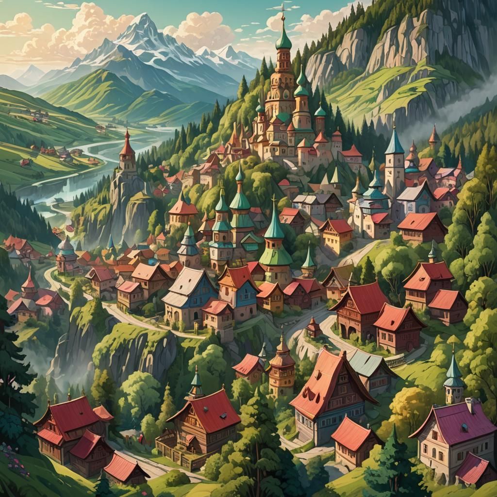 Whimsical Russian Village in Dreamlike Fantasy Landscape