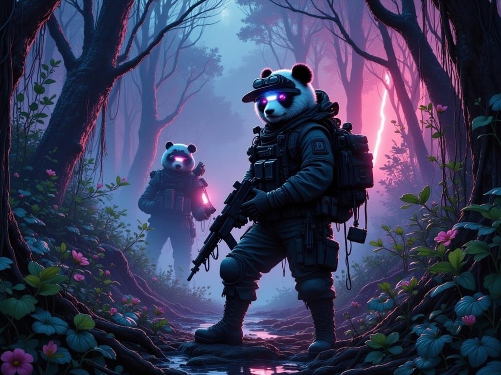 Tactical Panda Force in Misty Neon Jungle