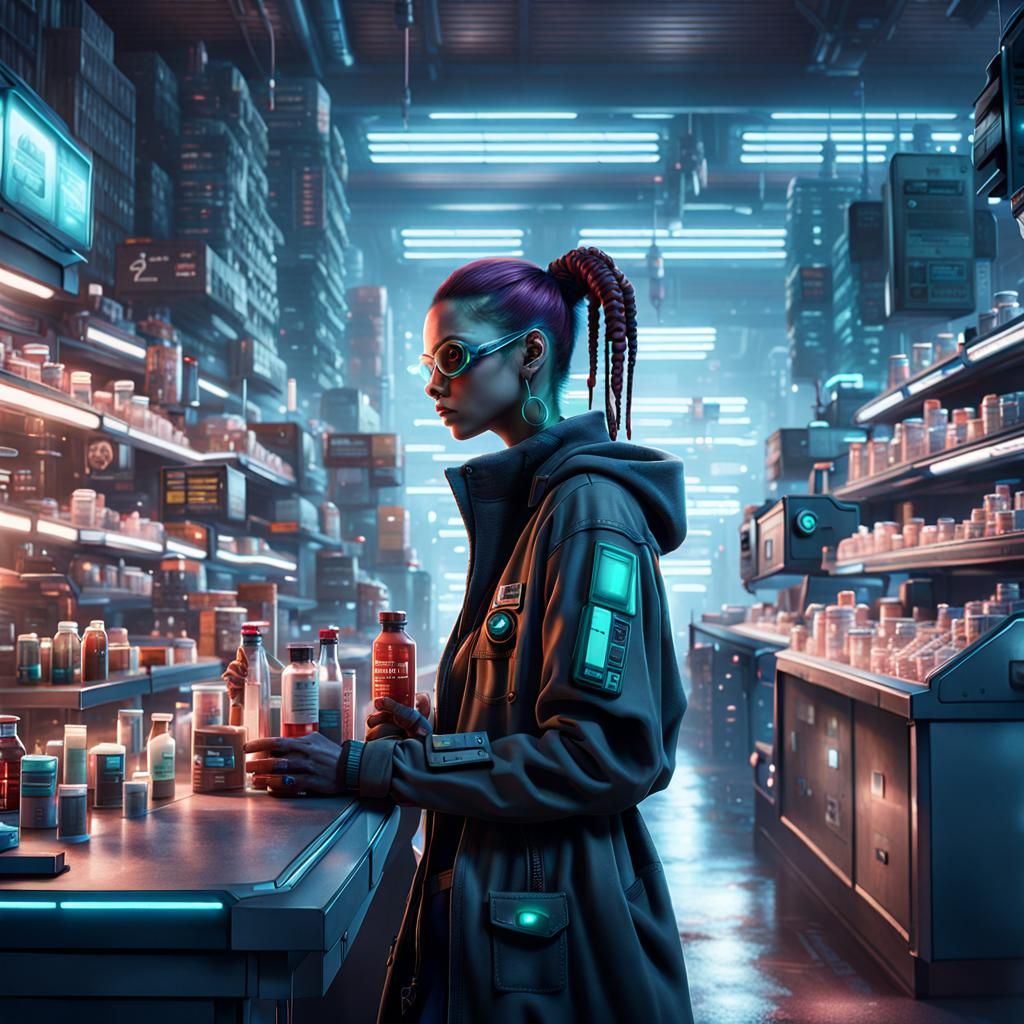 Cyberpunk Girl in Pharmacy: Dynamic Lighting Matte Painting