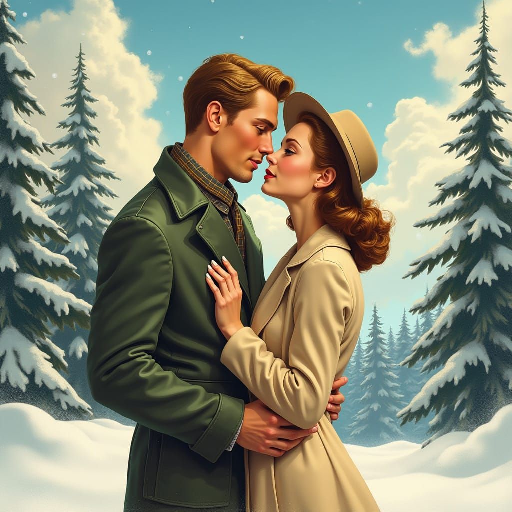 Surreal 1940s Young Couple Share Romantic Winter Embrace