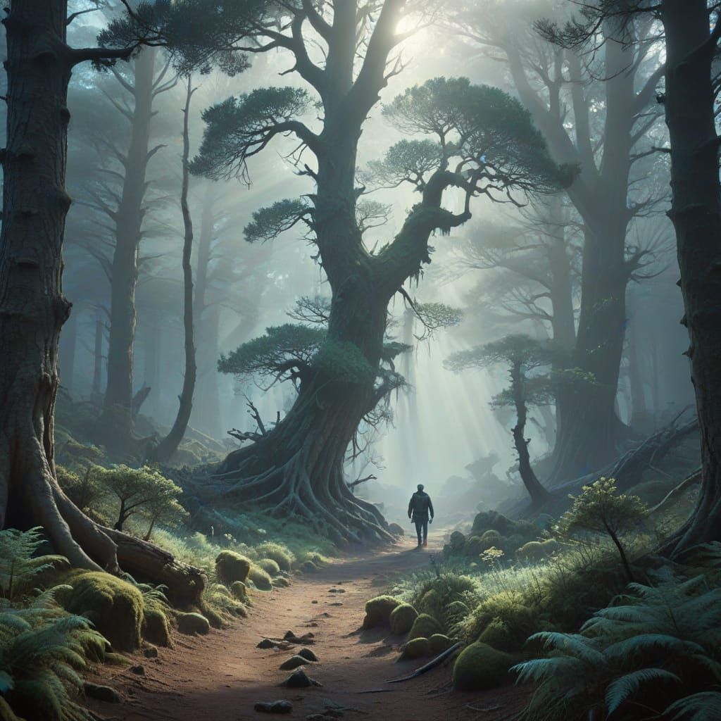 Misty Pine Forest Path with Ethereal Traveler