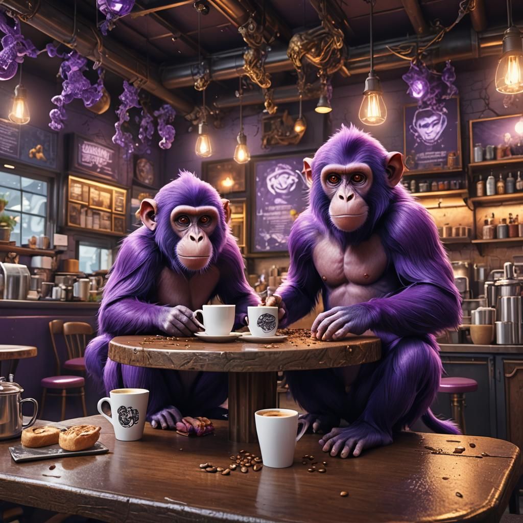 Animated Purple Monkey in Coffee Shop